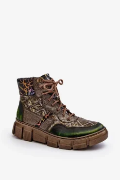 Damskie Maciejka Wzorzyste Botki Damskie Skórzane 06145-24 Oliwkowe