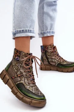 Damskie Maciejka Wzorzyste Botki Damskie Skórzane 06145-24 Oliwkowe
