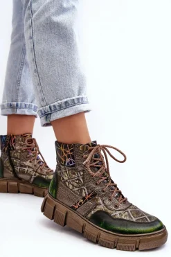 Damskie Maciejka Wzorzyste Botki Damskie Skórzane 06145-24 Oliwkowe