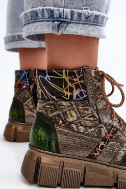 Damskie Maciejka Wzorzyste Botki Damskie Skórzane 06145-24 Oliwkowe