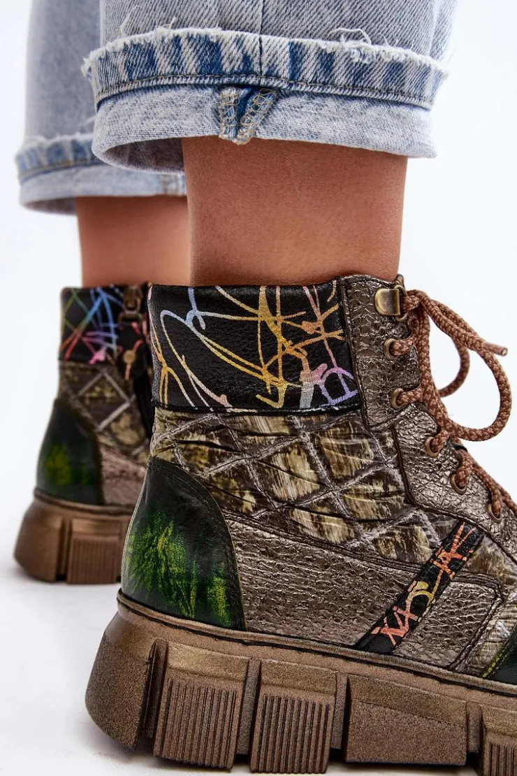 Damskie Maciejka Wzorzyste Botki Damskie Skórzane 06145-24 Oliwkowe