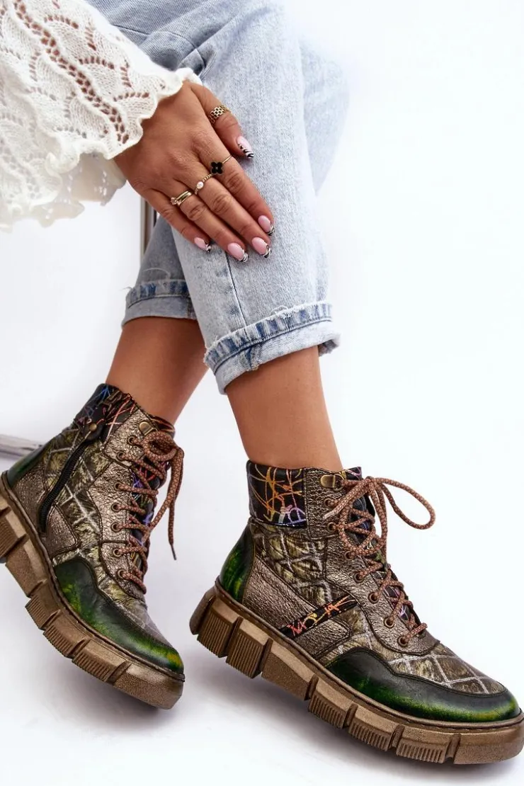 Damskie Maciejka Wzorzyste Botki Damskie Skórzane 06145-24 Oliwkowe