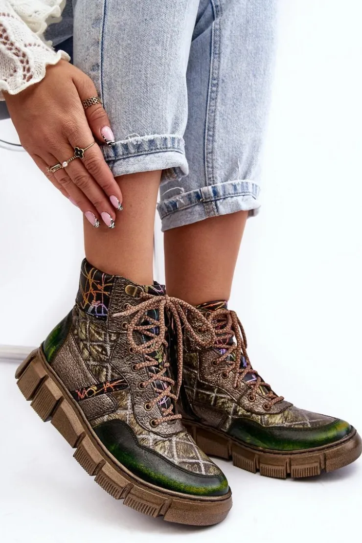 Damskie Maciejka Wzorzyste Botki Damskie Skórzane 06145-24 Oliwkowe