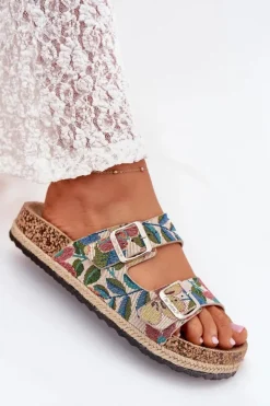 Lee Cooper Klapki Korkowe|Klapki Na Platformie*Wzorzyste Klapki Damskie Na Korkowej Platformie Z Klamrami LCW-25-35-3480L Multikolor Wielokolorowy