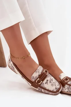 Hot Boto Wzorzyste Mokasyny Loafersy Damskie Z Ozdobnym Elementem Beżowo-Brązowe Evelora