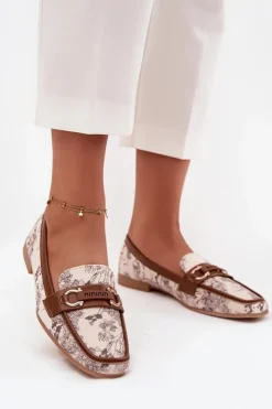 Hot Boto Wzorzyste Mokasyny Loafersy Damskie Z Ozdobnym Elementem Beżowo-Brązowe Evelora
