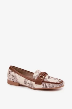 Hot Boto Wzorzyste Mokasyny Loafersy Damskie Z Ozdobnym Elementem Beżowo-Brązowe Evelora