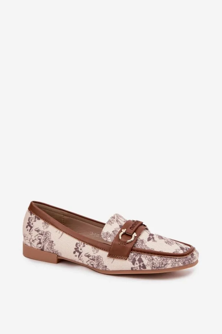 Hot Boto Wzorzyste Mokasyny Loafersy Damskie Z Ozdobnym Elementem Beżowo-Brązowe Evelora