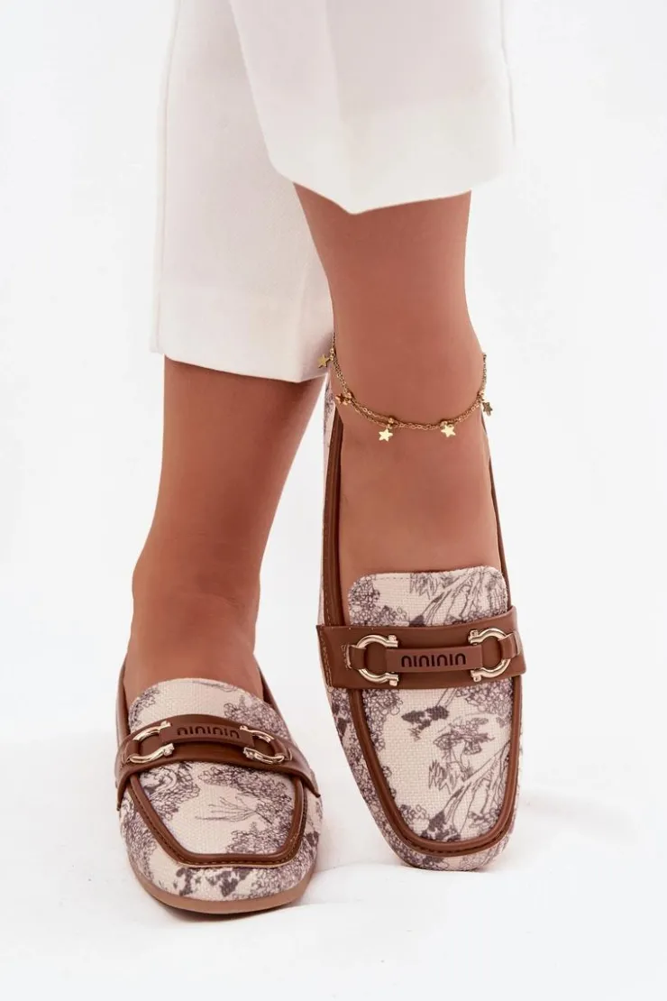 Hot Boto Wzorzyste Mokasyny Loafersy Damskie Z Ozdobnym Elementem Beżowo-Brązowe Evelora