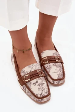 Hot Boto Wzorzyste Mokasyny Loafersy Damskie Z Ozdobnym Elementem Beżowo-Brązowe Evelora