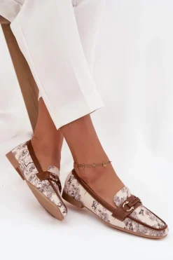 Hot Boto Wzorzyste Mokasyny Loafersy Damskie Z Ozdobnym Elementem Beżowo-Brązowe Evelora