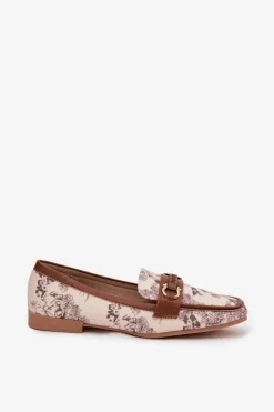 Hot Boto Wzorzyste Mokasyny Loafersy Damskie Z Ozdobnym Elementem Beżowo-Brązowe Evelora