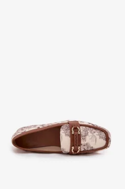 Hot Boto Wzorzyste Mokasyny Loafersy Damskie Z Ozdobnym Elementem Beżowo-Brązowe Evelora