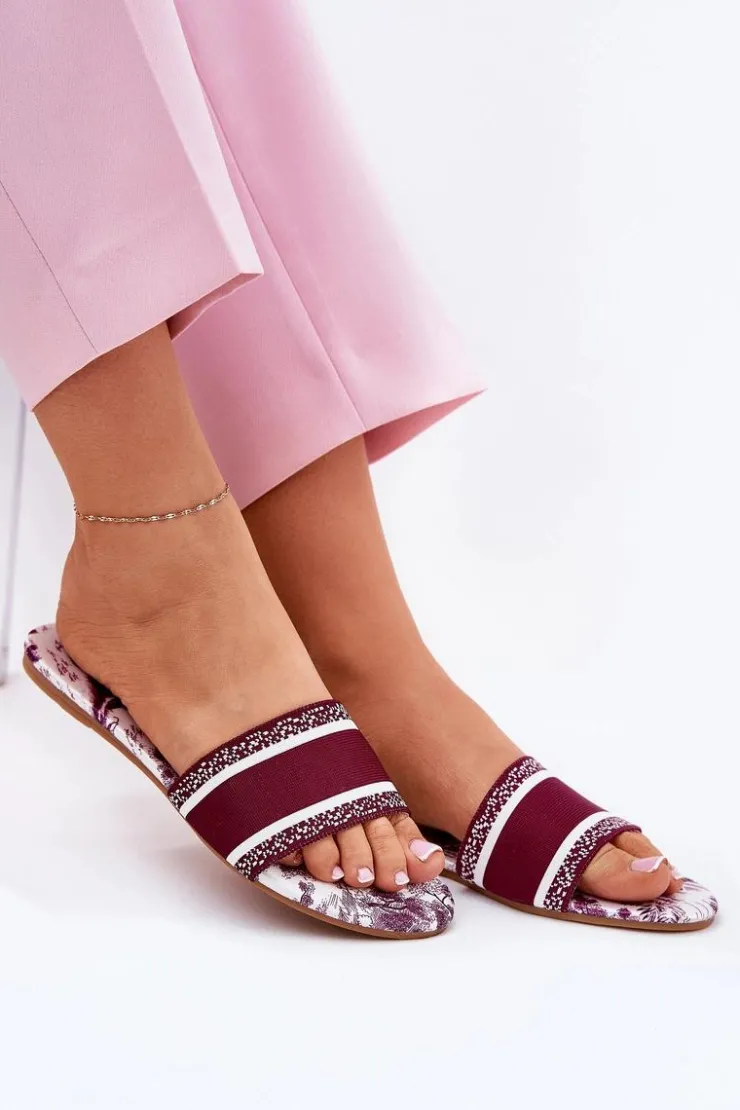 New Boto Wzorzyste Płaskie Klapki Damskie Bordowe Leysi Czerwony