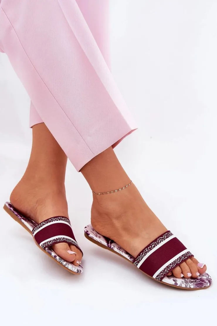 New Boto Wzorzyste Płaskie Klapki Damskie Bordowe Leysi Czerwony