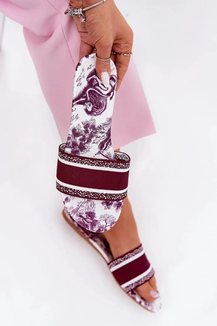 New Boto Wzorzyste Płaskie Klapki Damskie Bordowe Leysi Czerwony