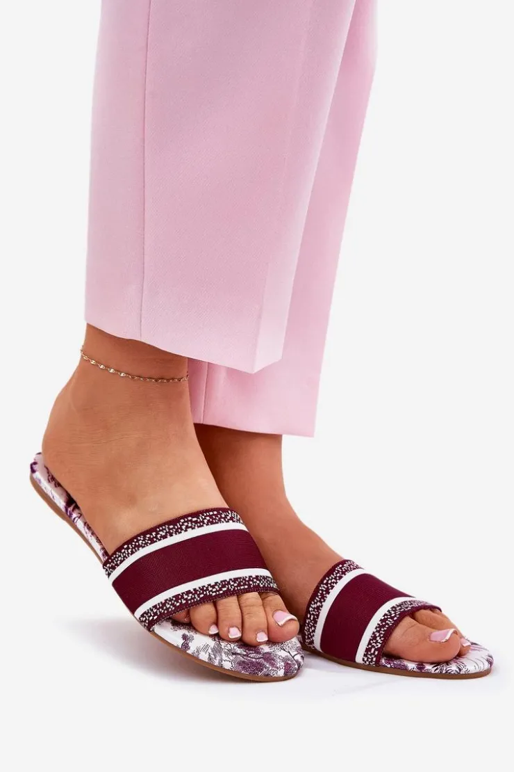 New Boto Wzorzyste Płaskie Klapki Damskie Bordowe Leysi Czerwony