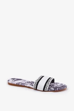 Online Boto Wzorzyste Płaskie Klapki Damskie Białe Leysi Biały