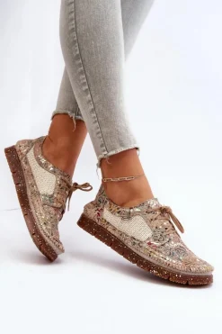 New Maciejka Wzorzyste Półbuty Damskie 06347-04 Beżowe