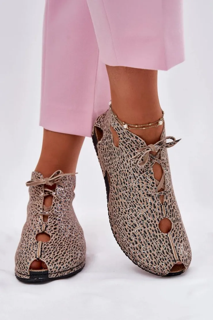 Maciejka Sandały Płaskie|Botki Wiosenne*Wzorzyste Skórzane Botki 03426-49 Panterka Beżowy