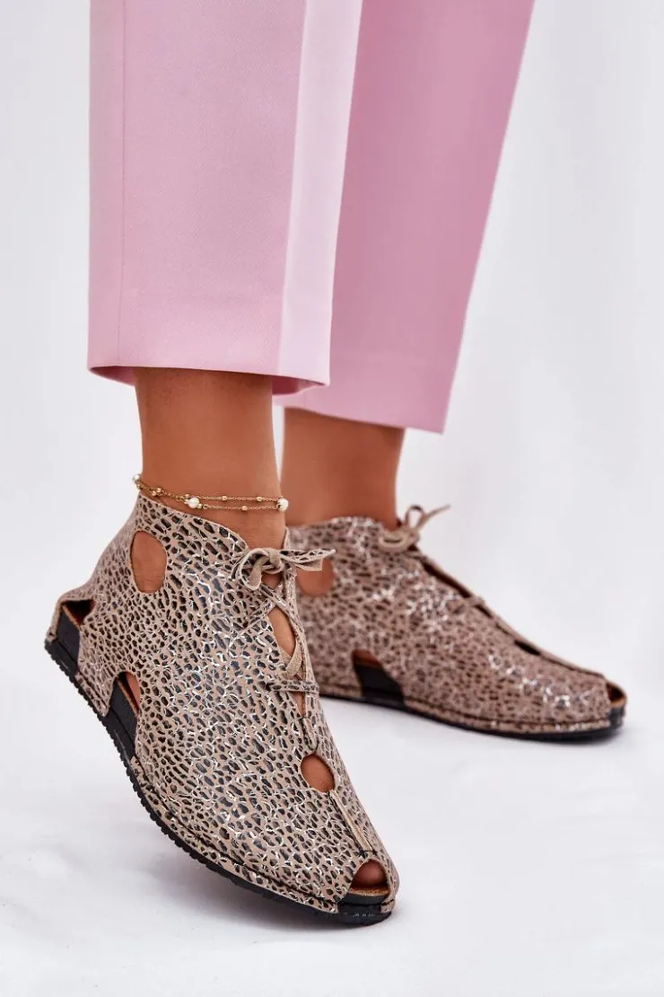 Maciejka Sandały Płaskie|Botki Wiosenne*Wzorzyste Skórzane Botki 03426-49 Panterka Beżowy