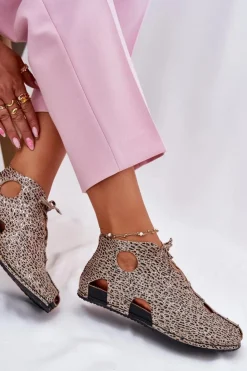 Maciejka Sandały Płaskie|Botki Wiosenne*Wzorzyste Skórzane Botki 03426-49 Panterka Beżowy