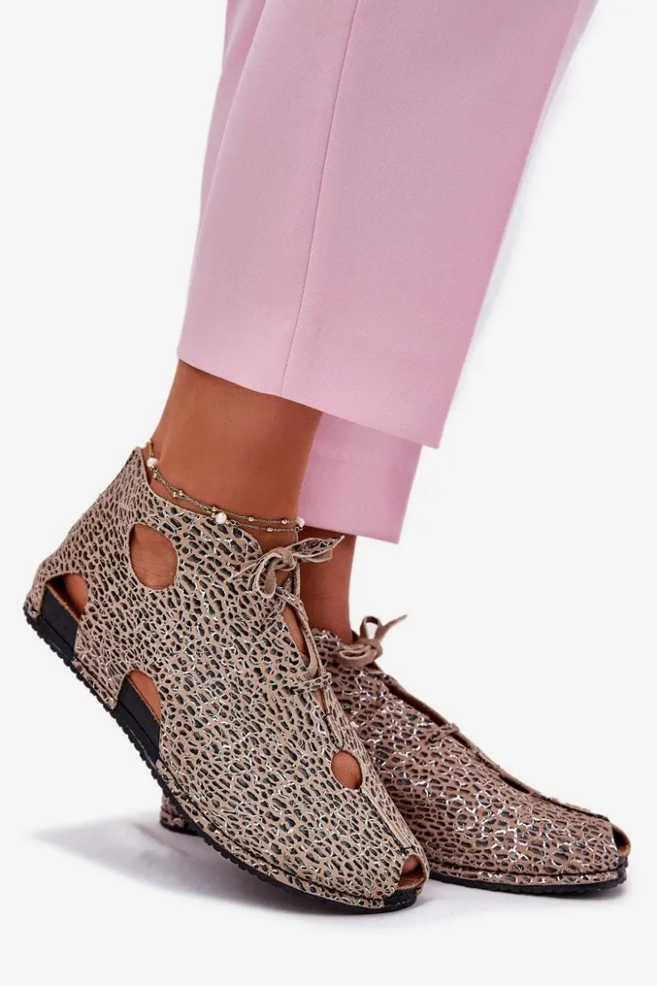 Maciejka Sandały Płaskie|Botki Wiosenne*Wzorzyste Skórzane Botki 03426-49 Panterka Beżowy