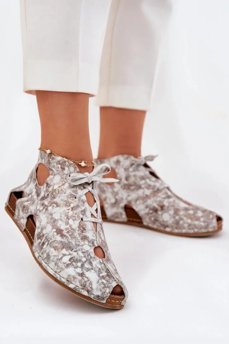 Maciejka Wzorzyste Skórzane Botki 03426-46 Biało-Beżowe