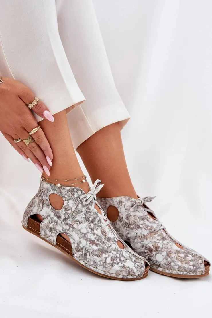 Maciejka Wzorzyste Skórzane Botki 03426-46 Biało-Beżowe