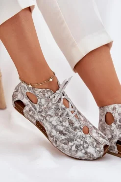 Maciejka Wzorzyste Skórzane Botki 03426-46 Biało-Beżowe