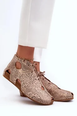 Maciejka Sandały Płaskie|Botki Wiosenne*Wzorzyste Skórzane Botki 03426-02 Beżowe Beżowy