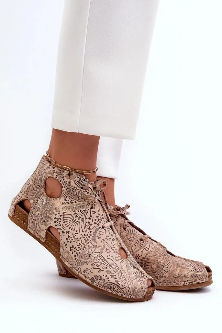 Maciejka Sandały Płaskie|Botki Wiosenne*Wzorzyste Skórzane Botki 03426-02 Beżowe Beżowy