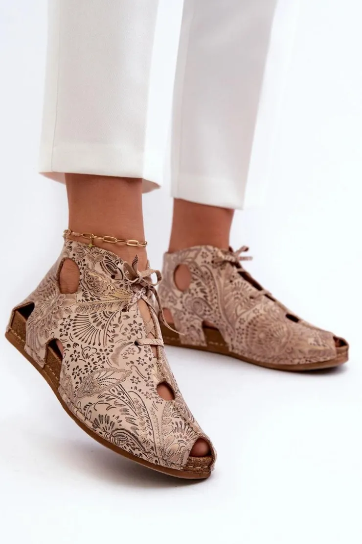 Maciejka Sandały Płaskie|Botki Wiosenne*Wzorzyste Skórzane Botki 03426-02 Beżowe Beżowy
