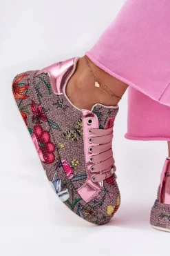 GOE Sneakersy Damskie*Wzorzyste Sneakersy Na Platformie Ze Zdobieniem RR2N4002 Multikolor
