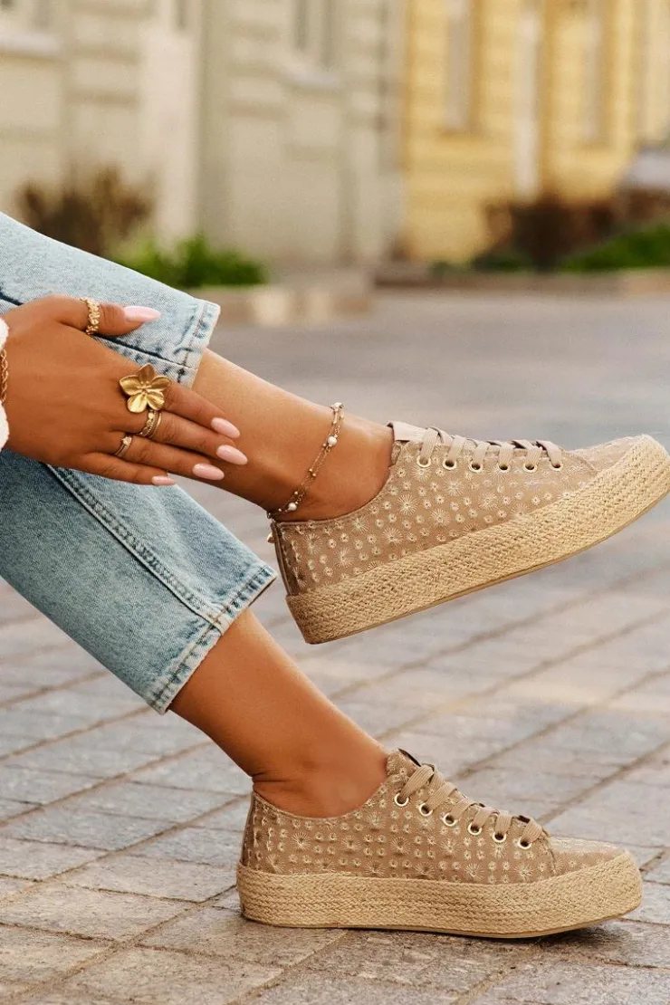 Outlet Lee Cooper Wzorzyste Trampki Damskie Na Platformie Z Plecionką LCW-25-08-3646L Khaki Beżowy