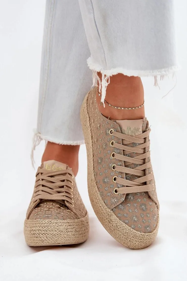 Outlet Lee Cooper Wzorzyste Trampki Damskie Na Platformie Z Plecionką LCW-25-08-3646L Khaki Beżowy