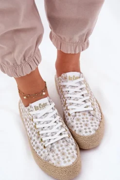 Damskie Lee Cooper Wzorzyste Trampki Damskie Na Platformie Z Plecionką LCW-25-08-3648L Biało-Złote