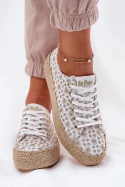 Damskie Lee Cooper Wzorzyste Trampki Damskie Na Platformie Z Plecionką LCW-25-08-3648L Biało-Złote