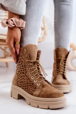 Damskie Boto Zamszowe Ażurowe Botki Camel Aileen