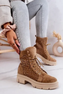 Damskie Boto Zamszowe Ażurowe Botki Camel Aileen
