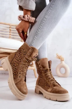 Damskie Boto Zamszowe Ażurowe Botki Camel Aileen