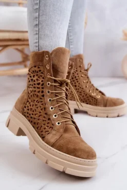 Damskie Boto Zamszowe Ażurowe Botki Camel Aileen