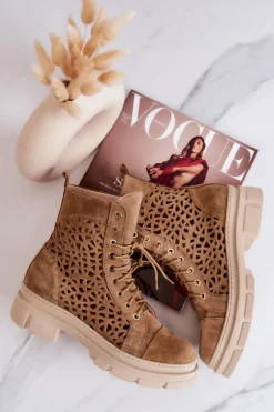 Damskie Boto Zamszowe Ażurowe Botki Camel Aileen