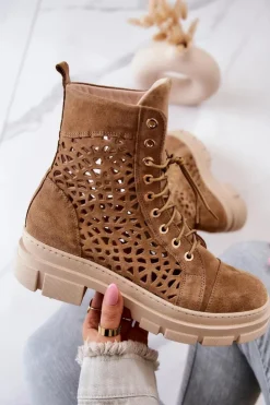 Damskie Boto Zamszowe Ażurowe Botki Camel Aileen