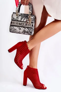 Boto Botki Wiosenne|Botki Na Słupku*Zamszowe Ażurowe Botki Czerwone Jenissa