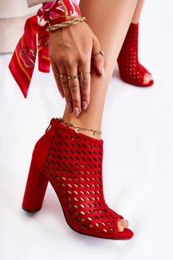 Boto Botki Wiosenne|Botki Na Słupku*Zamszowe Ażurowe Botki Czerwone Jenissa