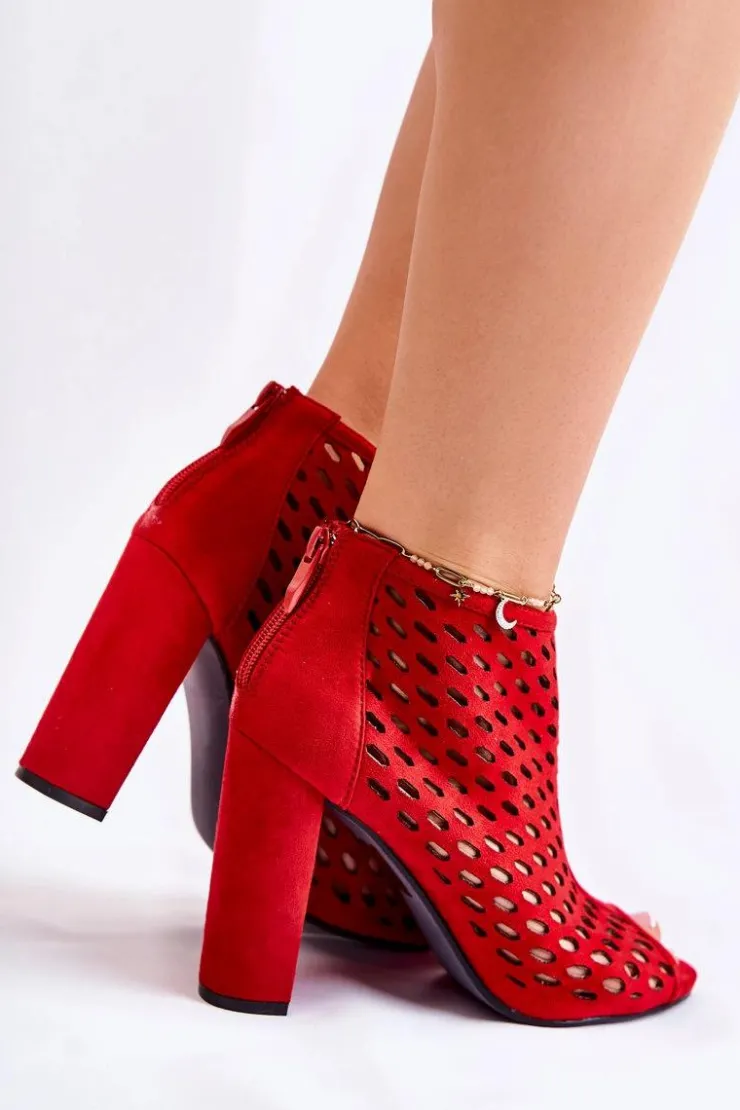 Boto Botki Wiosenne|Botki Na Słupku*Zamszowe Ażurowe Botki Czerwone Jenissa