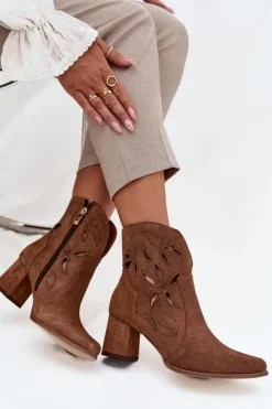 Hot Zazoo Zamszowe Ażurowe Botki Damskie Na Słupku 3647 Brązowe Brązowy