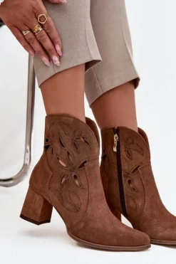 Hot Zazoo Zamszowe Ażurowe Botki Damskie Na Słupku 3647 Brązowe Brązowy