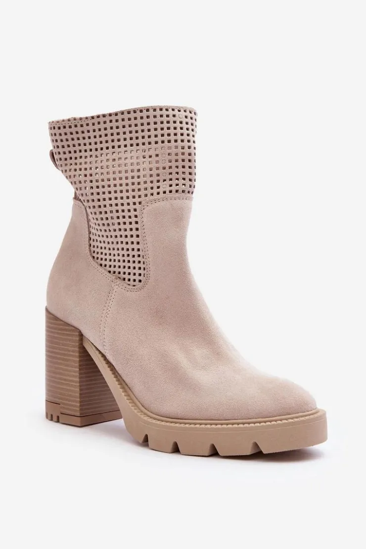 Hot Boto Zamszowe Ażurowe Botki Damskie Na Słupku Jasnobeżowe Lewski 3386 Beżowy